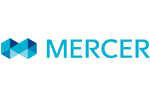 The image is a logo with the word "Mercer" in blue capital letters, accompanied by a geometric blue shape to the left.