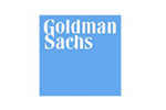 The image is a logo of Goldman Sachs, a prominent investment banking firm, featuring its name in white text on a blue background.