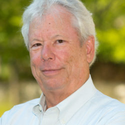 Headshot of a person with white hair wearing a light-colored shirt, set against a blurred green outdoor background.