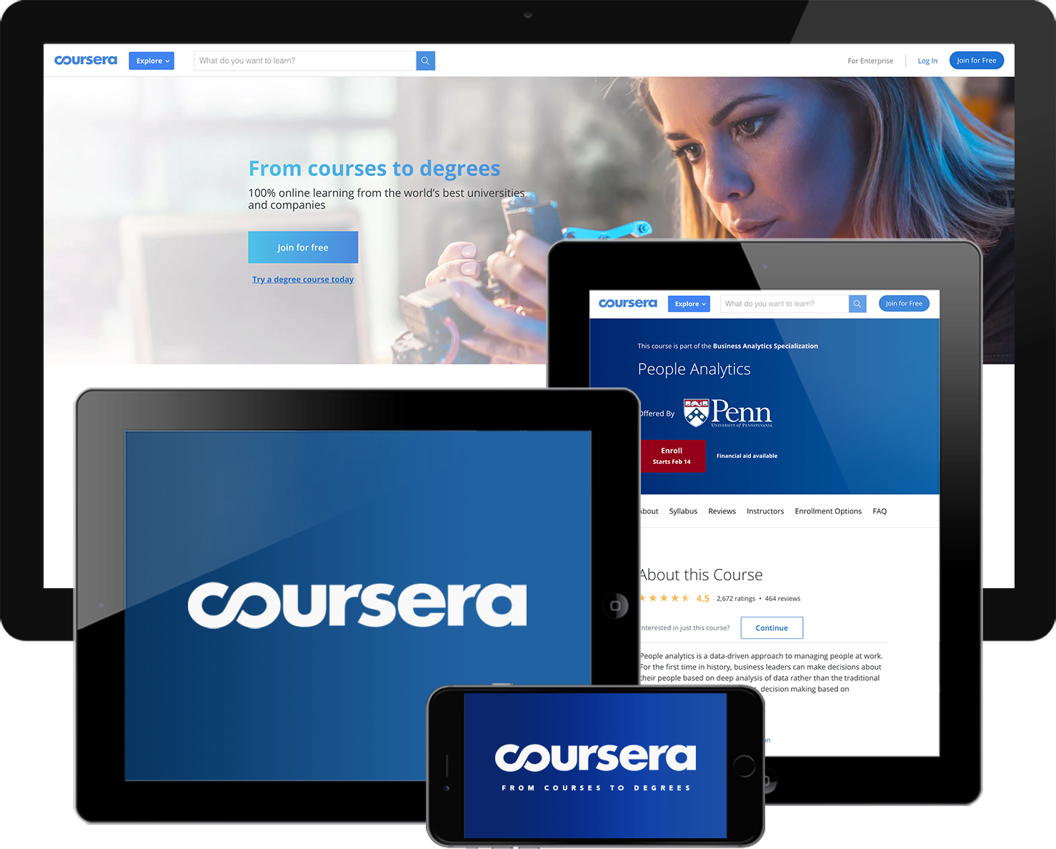 Various devices displaying Coursera branding and interface, highlighting online courses and degrees, indicating accessibility across platforms.