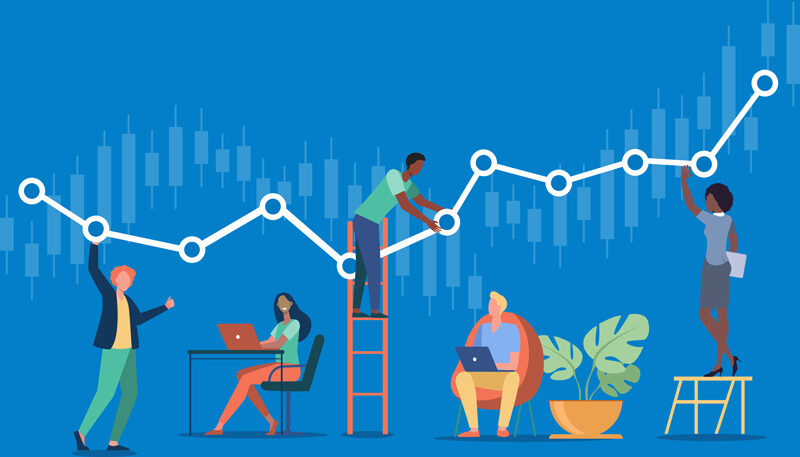 Illustration of diverse individuals analyzing a rising financial graph with candlesticks, symbolizing growth and teamwork in a business context.