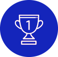 Illustration of a trophy with "1" on it, symbolizing first place, on a blue circular background.