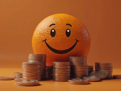 An orange with a smiling face surrounded by stacks of coins, set against an orange background. This represents financial happiness or saving.